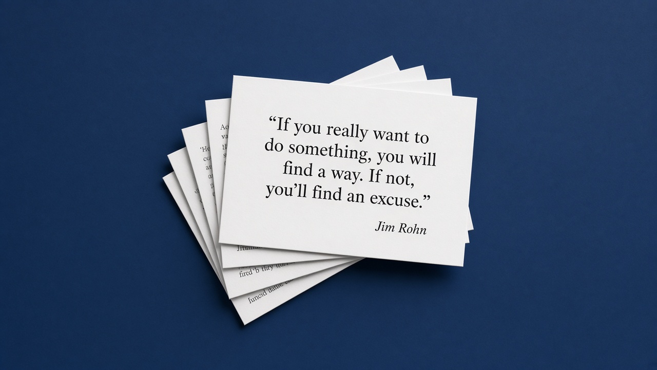 A fan of white flat cards. The top card reads: If you really want to do something, you will find a way. If not, you’ll find an excuse. Jim Rohn.