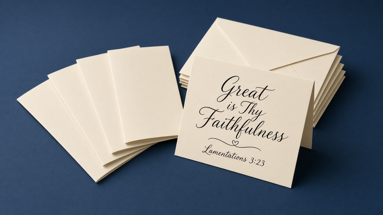 Cream folded cards fanned beside envelopes. The front card reads Great is Thy Faithfulness, Lamentations 3:23.